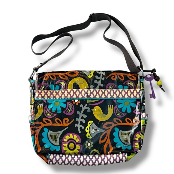 Fossil Key-Per Messenger Laptop Bag Coated Canvas Bird Print Shoulder Strap +Key - Picture 3 of 15